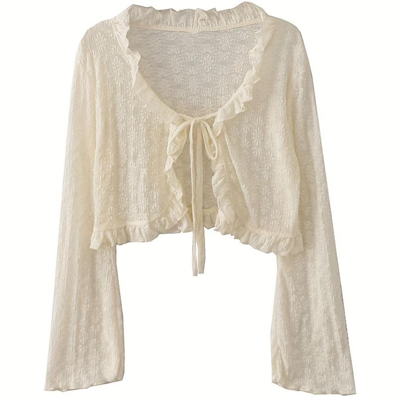 Elegante e Carino Cardigan Sottile con Laccetti e Pizzo, Top Sottile Traspirante con Maniche Lunghe in Chiffon e Volant per Donna, Mantellina Estiva