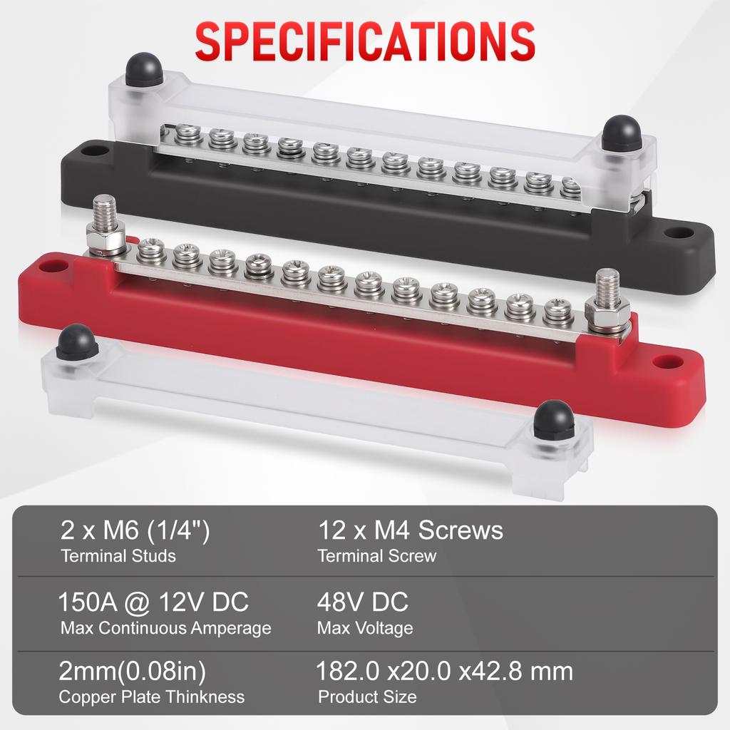 12Way Terminal Bus Bar M6 Stud Power Distribution Block 12-48V 150A DC Electrical BusBar with Cover For Truck Boat Car Camper RV