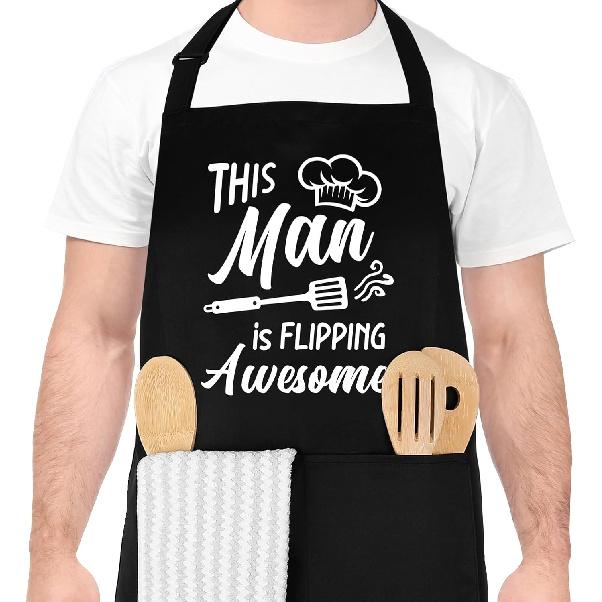 Funny Cooking Aprons for Men, This Man Is Flipping Awesome, Aprons for Cooking Kitchen Grilling Aprons with Two Pockets, Grill Apron Adjustable Chef