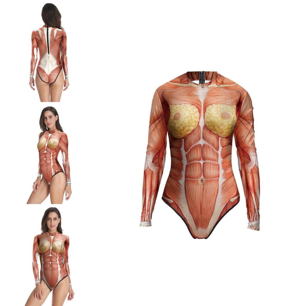 Body Tissue Print Swimwear Beach Pool One Piece Tight Long Sleeve Bikini Women