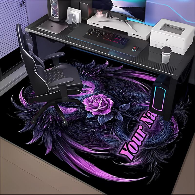 1PC Custom Name Purple Dragon Rose Art Theme Floor Mat Ideal for Living Room, Game Rooms, Office, Bedroom, Floor Mat Playful Design
