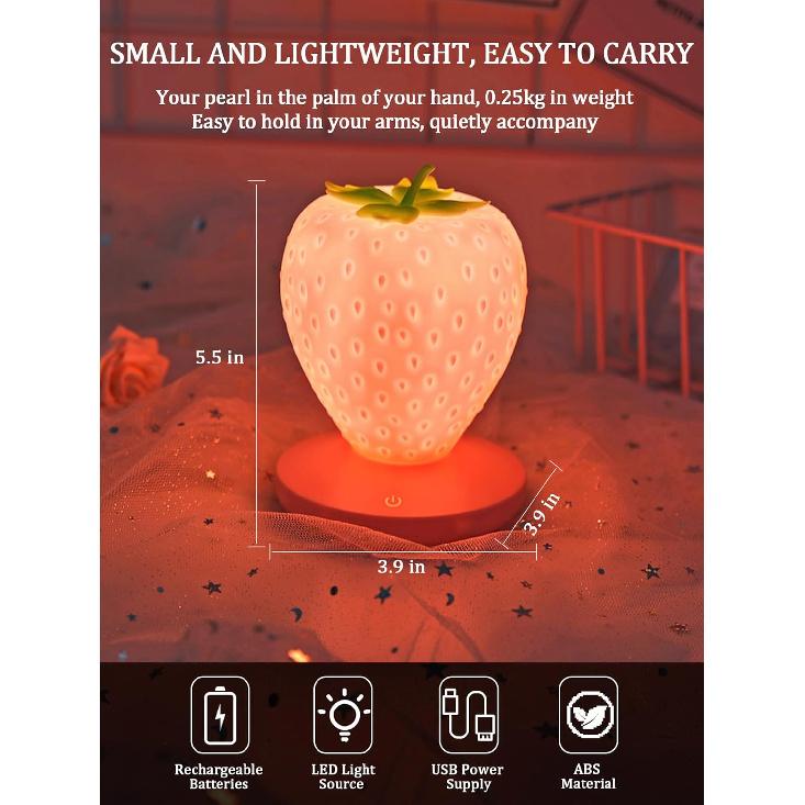Strawberry Night Light, Cute Silicone Strawberry Lights Kawaii Room Decor, USB Rechargeable Bedside Lamp 3 Gear Touch Lighting, Cute Strawberry Gifts