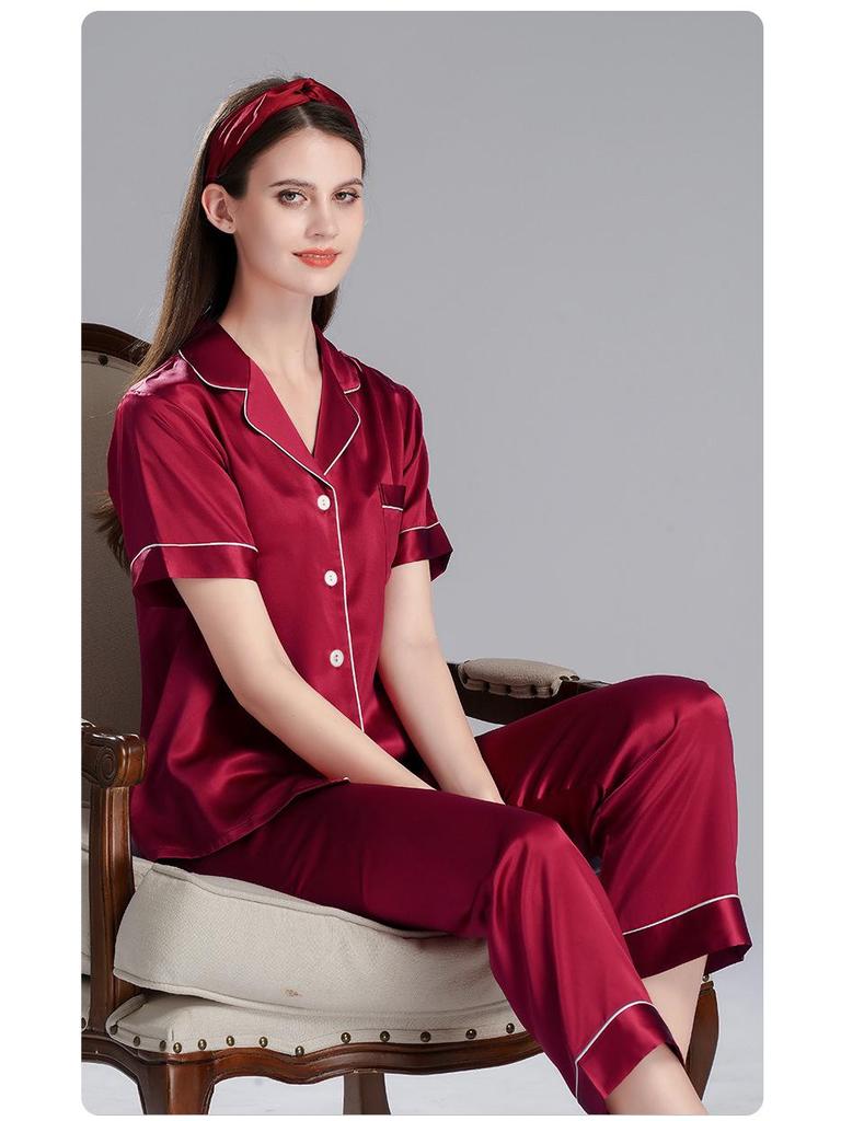 Girls' Imitation Silk Pajama Set - Short Sleeve Top & Long Pants, Lapel Design, Spring/Summer Homewear