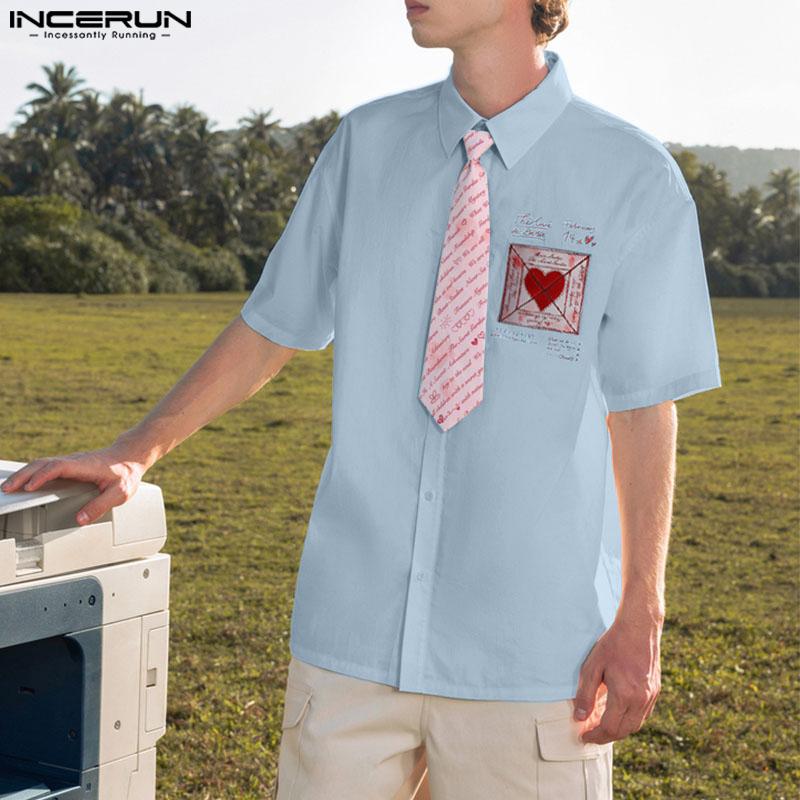 INCERUN Oversized Men Casual Lapel Tie Neck Short Sleeve Print Shirts Tops