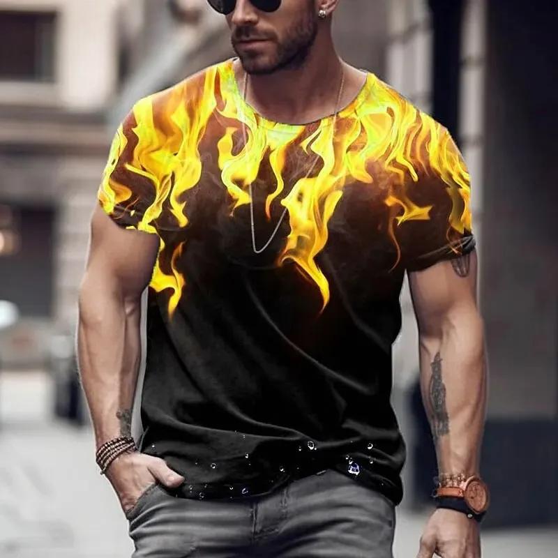 Summer Round Neck 3D Colorful Flame Graphic Print Top Fashionable Casual Short Sleeved Men's T-shirts