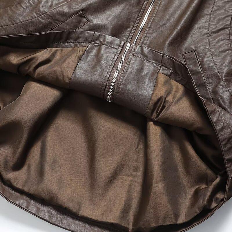 2024 Autumn Women's European & American Style Faux Leather Hooded Sweatshirt Coat