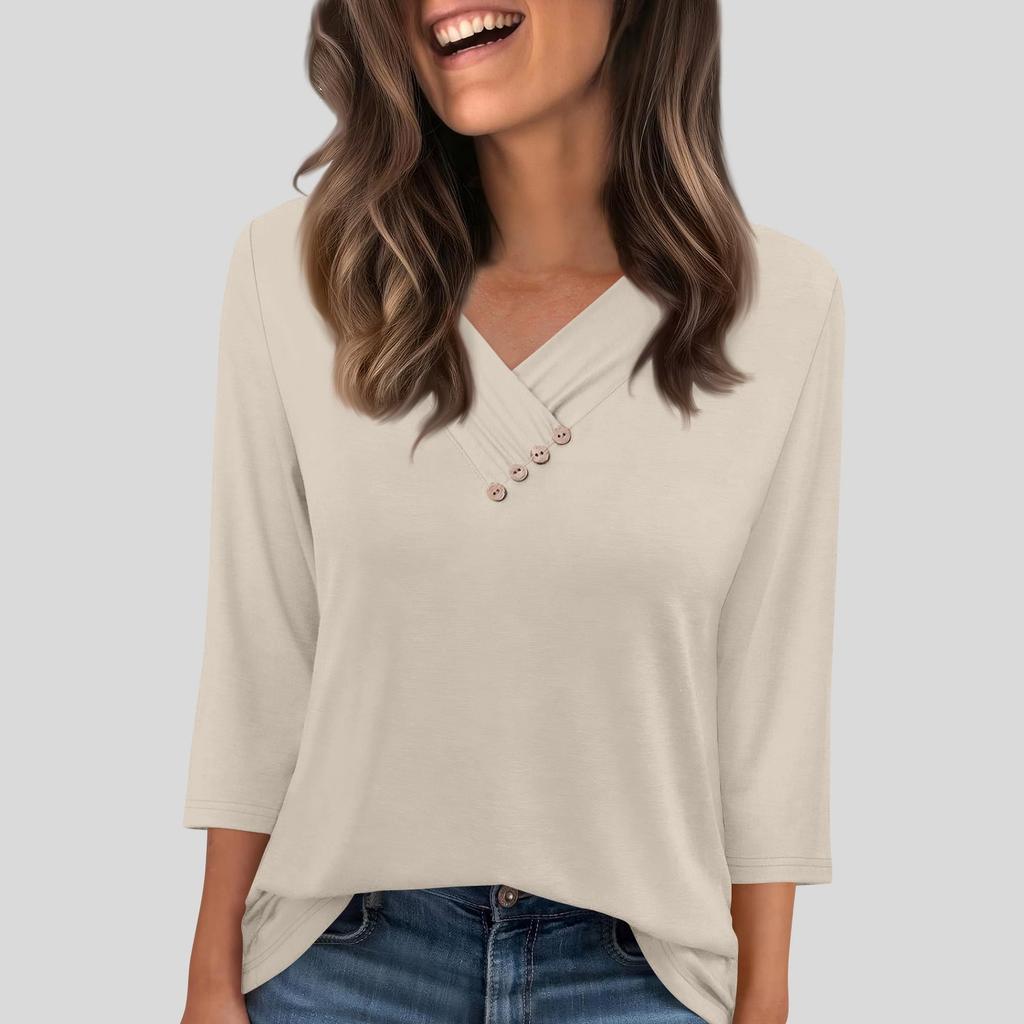 T-shirt pour femme T-shirt Bouton Manches 3/4 Tunique Mode Quotidienne Week-end Basique Col V Coupe Régulière