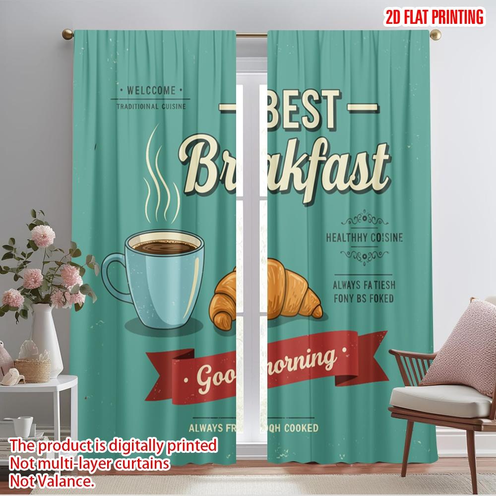 2pcs 2D flat printing Drapes Traditional Breakfast Coffee Croissant Polyester Without Electricity Festive Wall Decor Use for