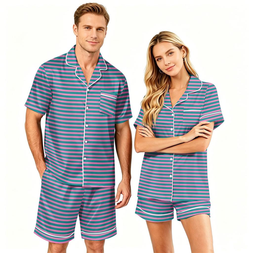 Matching Couples Pajama Set - Short Sleeve Button Hem Top and Shorts - Soft Casual Sleepwear Loungewear for Men Women Sizes S to XXXXL
