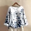 Women's Fashionable And Casual Shirt Long-sleeve Round Neck Print Cotton And Linen Blouse Top