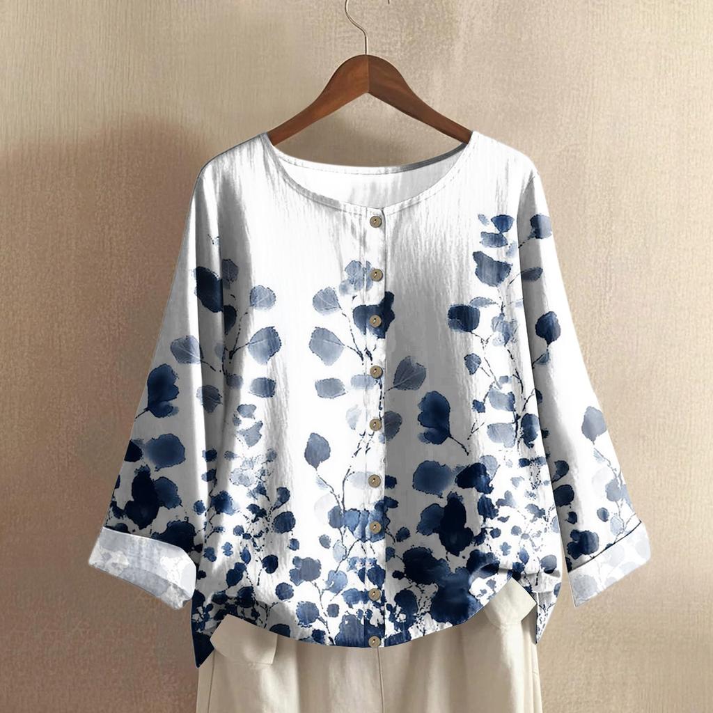 Women's Fashionable And Casual Shirt Long-sleeve Round Neck Print Cotton And Linen Blouse Top