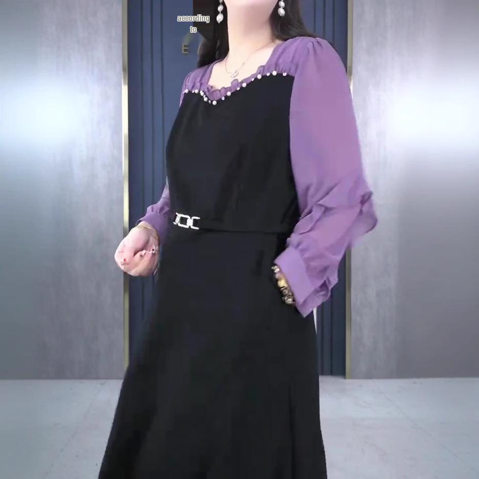 Elegant French Chiffon Plus Size Slimming Long Sleeve Dress for 30-Year-Old Moms - Spring/Summer Collection