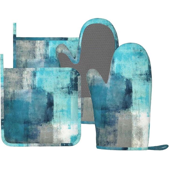 Rooster Print Oven Mitts and Pot Holders Sets Silicone Rooster Kitchen Mitts Potholders Heat Resistant 4Pcs Oven Gloves Hot Pads for Kitchen Baking Teal Abstract