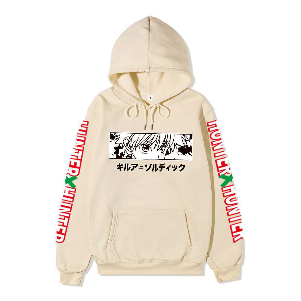 Hunter X Hunter Killua Anime Hoodie Sleeve Letter Print Black Manga Long Sleeve Casual Hooded Pullover Sweatshirt