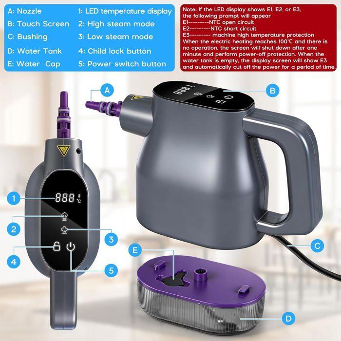 Portable Steam Cleaner 1350W, 130°C, 15s Heating, Tactile Screen, Safety, 400 Ml Reservoir, Without Chemistry