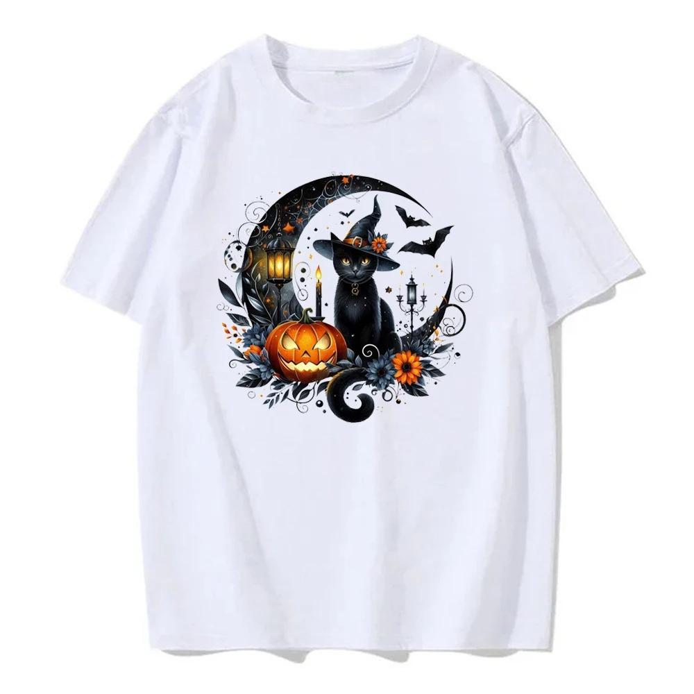 Jack Lanterns  Women Ghost Pumpkin Bat Skeleton Print Round Neck Pullovers Cotton Shirt Graphic T Shirts Y2k Top Harajuku Tops