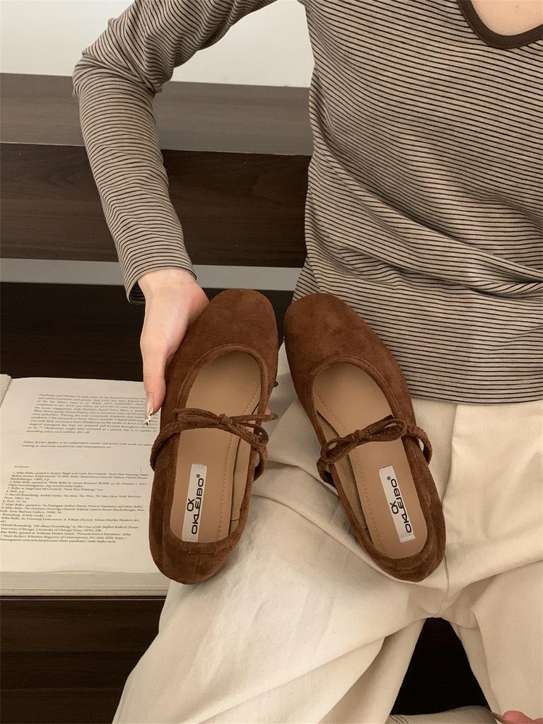 Spät Abendwind Retro Mary Jane Einzelschuhe mit weicher Sohle Damen 2025 neu Französisches Wildleder Leichte Öffnung Schleife Ballerinas