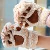Winter Plush Cat Paw Fingerless Gloves for Girls - Cute Cartoon Bear Paw Design
