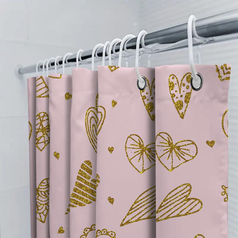 Modern Gold Heart Print Shower Curtain Pink Background With Luxury Decorative Pattern For Bathroom Decoration (Size: 72X84 Inche