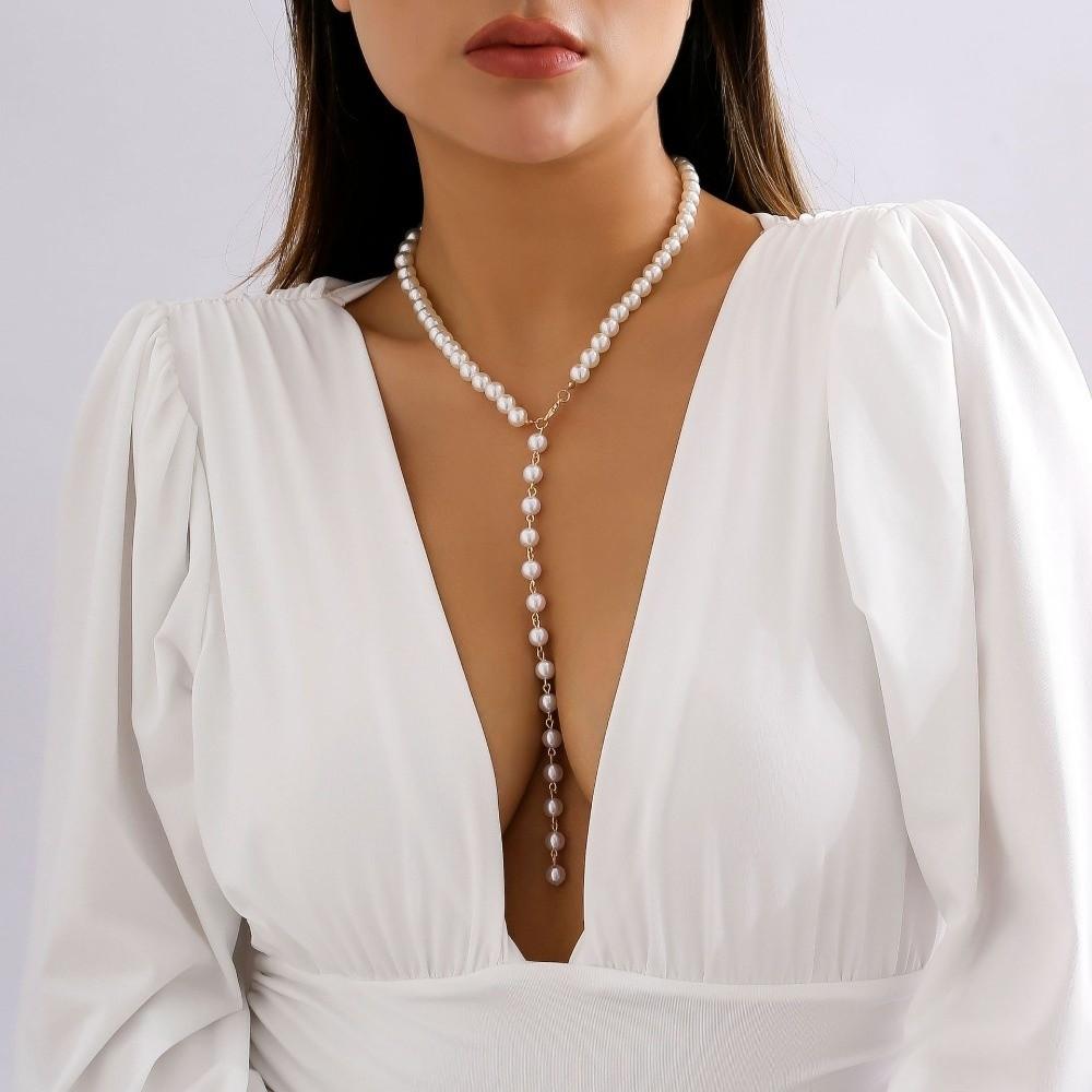 Bohemian Pearl Necklace Goth Y-Shaped Necklace Elegant Retro Clavicle Chain  Gift Idea