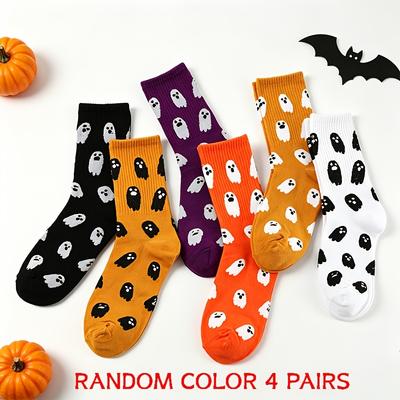 4Pairs Of Randomly Colored Autumn And Winter Halloween Cute Ghost Print Mid-Calf Socks, Fun And Quirky, Soft And Comfortable, Suitable For Couples