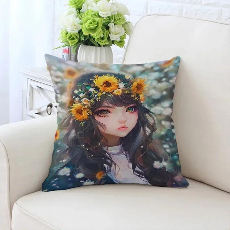 Față de pernă decorativă de lux pentru casă, pentru mașină, sufragerie, canapea, cu model Fata cu floarea-soarelui