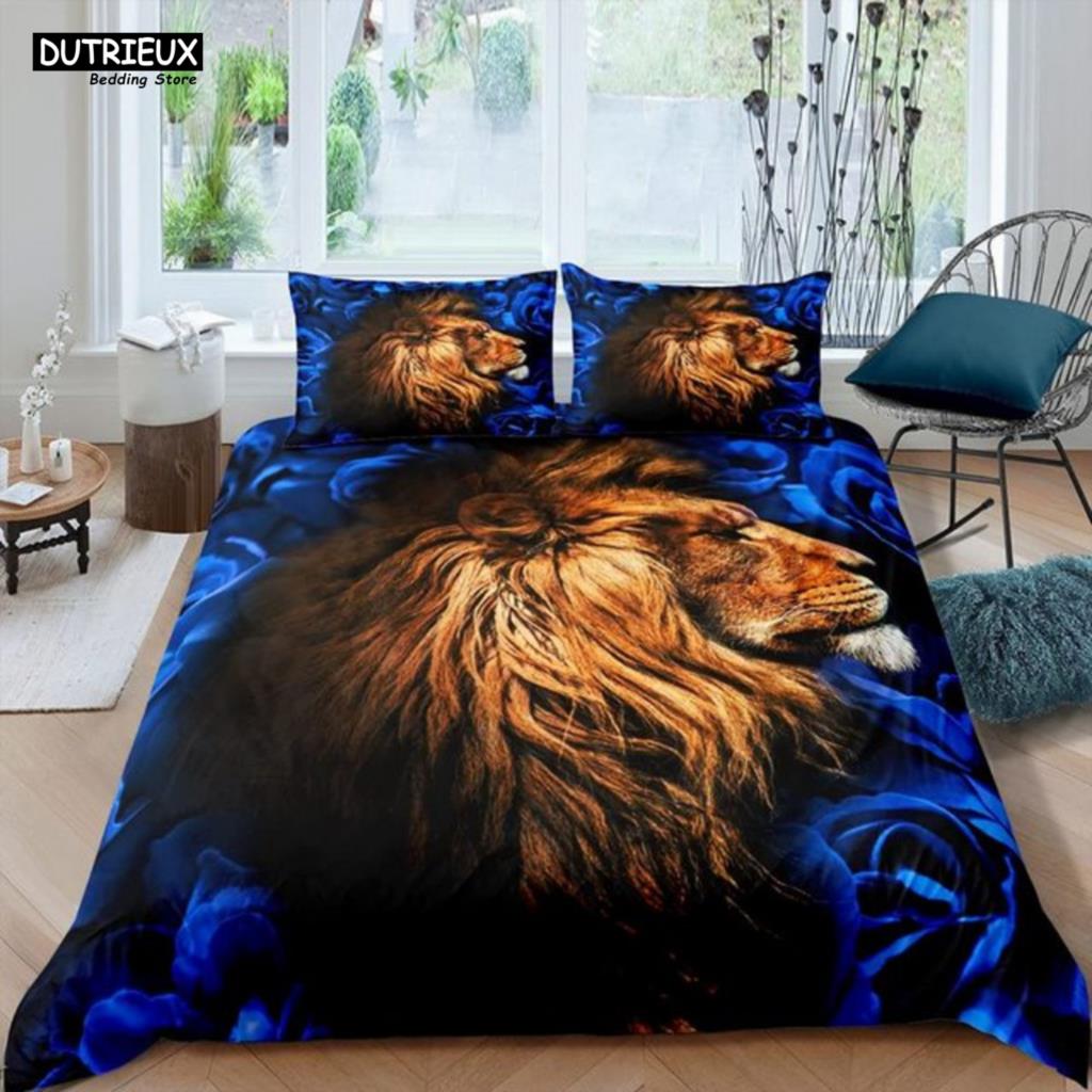 Comforter 3 - Pcs Strong Lions Tiger & Flame Wolf - Themed Bedding Set With Ideal For Kids & Women'S Rose Room Decor
