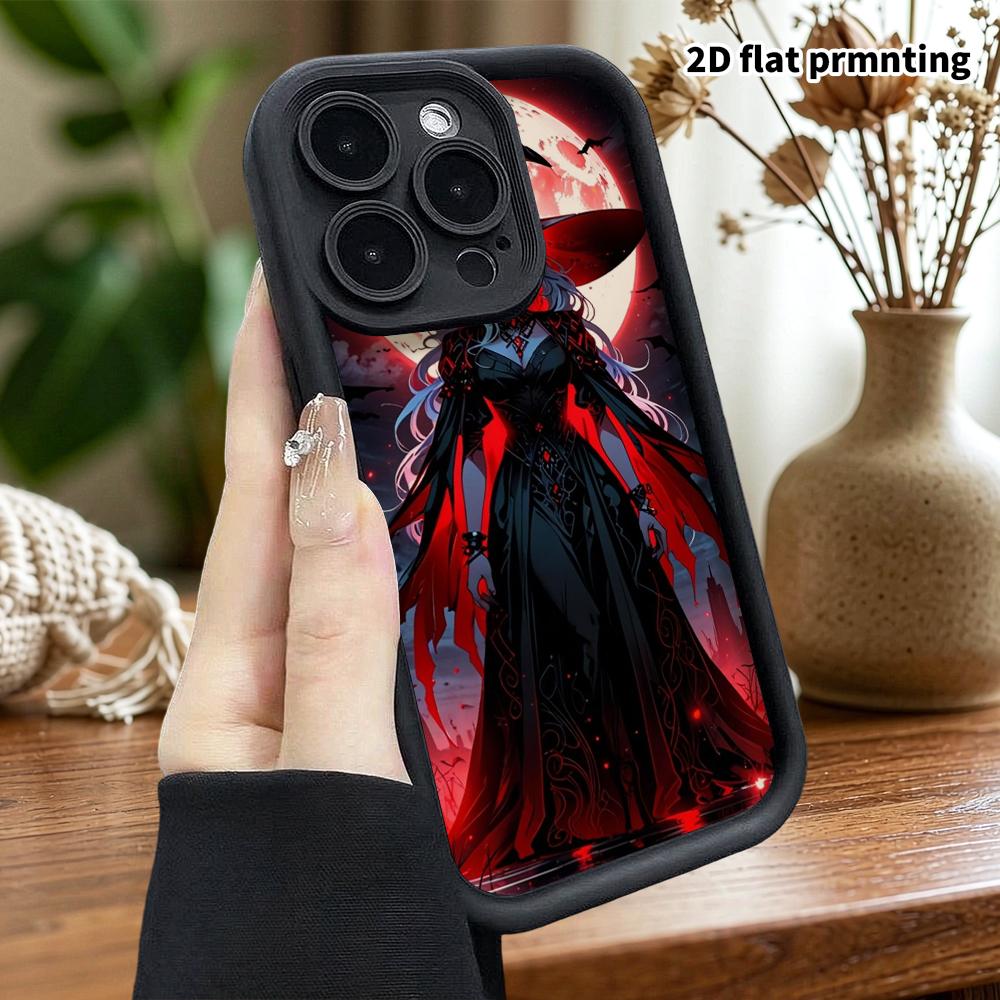 Phone Case: 2D Flat Design Suitable for iPhone 18, 17, 16, 15, 14, 13 Pro Stepped Protective Case, Blood Moon Dark Witch, Christmas and Halloween Gift