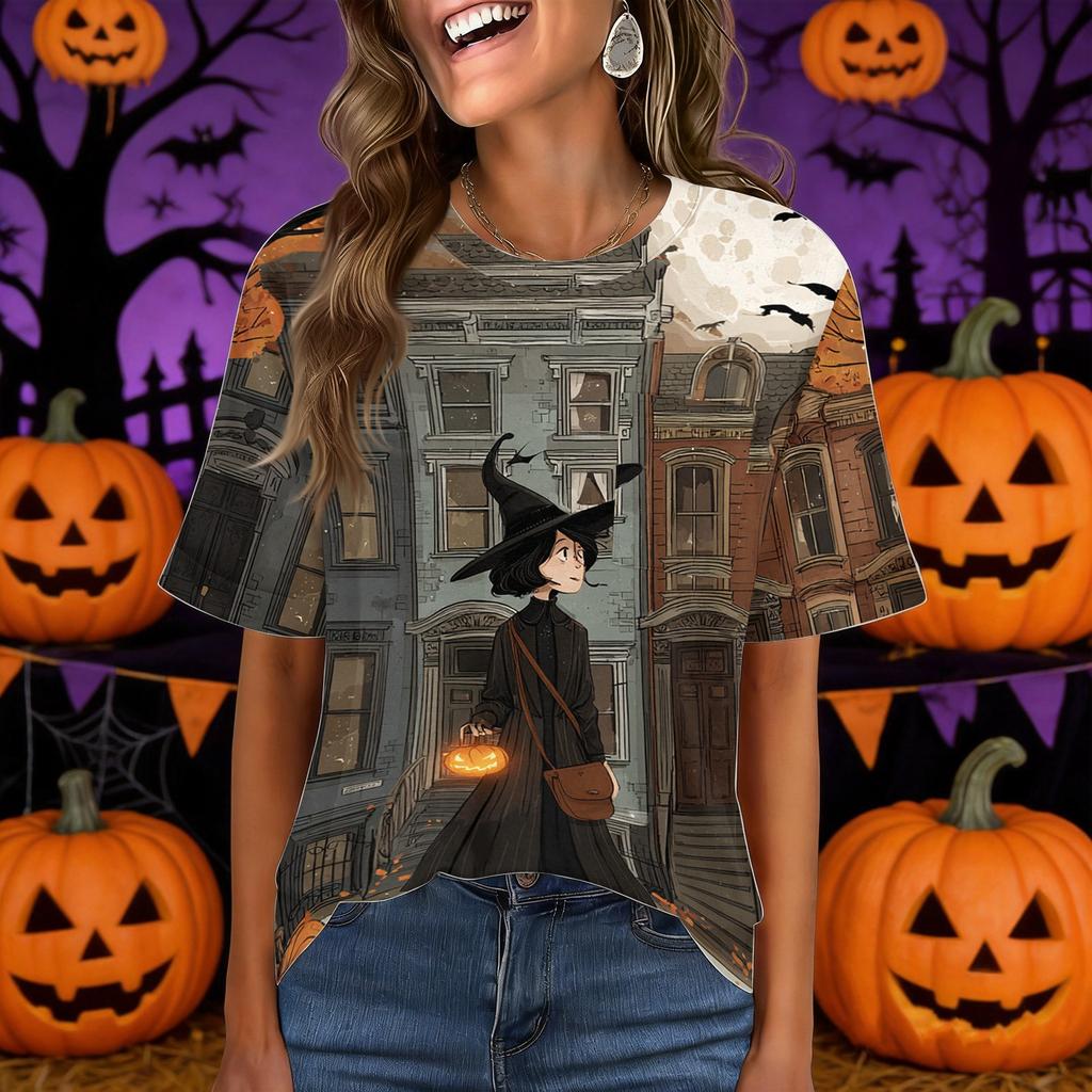 Women's Casual Halloween Pullover Top Short Sleeve Round Neck Pocket T-Shirt Halloween Print Casual Fit Lightweight