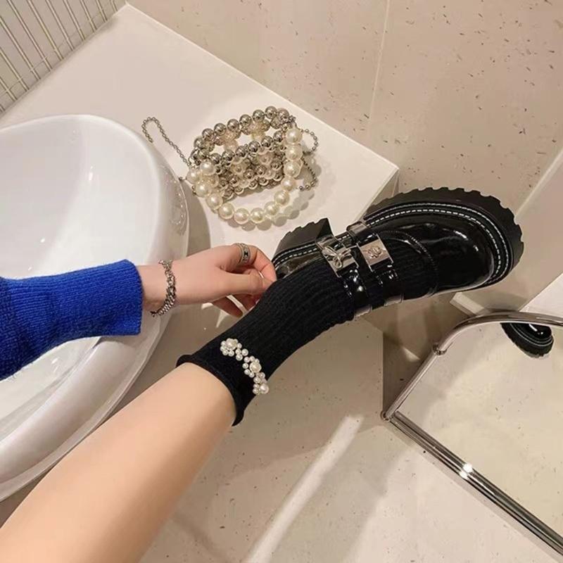 Pearls Crew Socks Sweet Roll Cuffs Ankle Dress Socks Japanese Cute Calf Socks