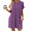 2026 Spring/Summer Solid Color Round Neck Pocket Loose Short-Sleeved Dress