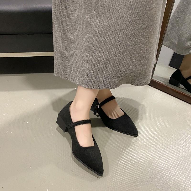 Fashion Autumn New Coarse Heel Shoes Women's Fashion Pointed Shallow Mouth Suede Anti-slip Wear-resistant Low-top Shoes