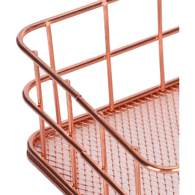 Rose Gold Wire Mesh Basket,Makeup Storage Basket Organizer Metal Desk Drawer Organizer Desktop Holder Tray Metal Grid Fruit Clothing Table Organizing