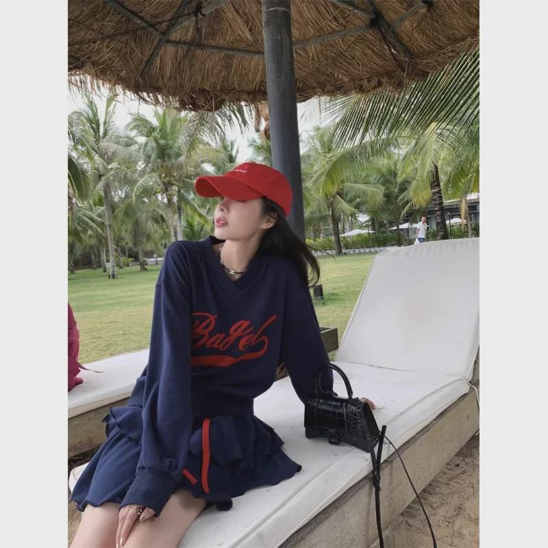 

«Комплект из свитера и юбки с длинными рукавами для женщин на весну и осень больших размеров — стильный комплект из двух предметов для веса до 300 фунтов» M темно-синий