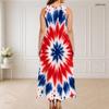 Women Plus Size Round Neck Triple Keyhole Cutout Sleeveless Printed Red Blue White Long Dress