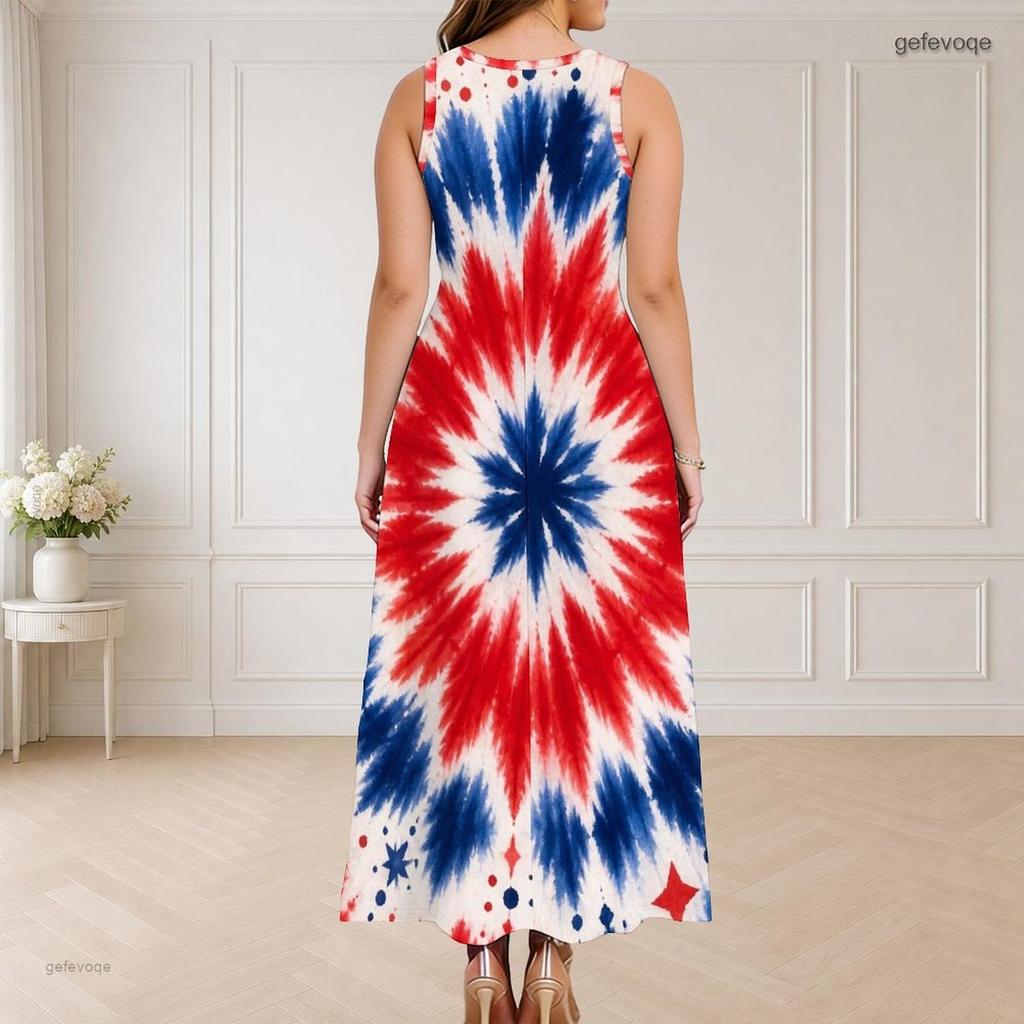 Women Plus Size Round Neck Triple Keyhole Cutout Sleeveless Printed Red Blue White Long Dress