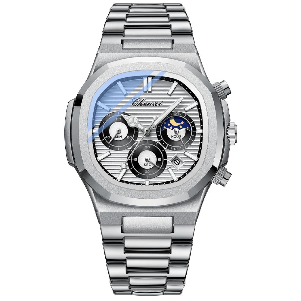 Luxury Watch Men Business Fashion Waterproof Stainless Steel Chronograph Moon Phase Quartz Wristwatch Male Clock