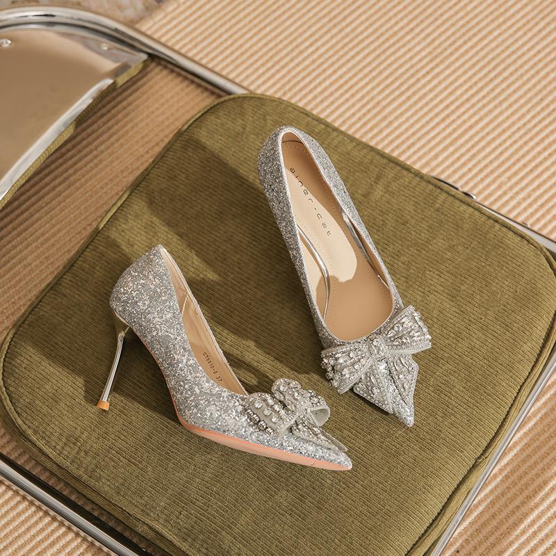 

819-11 High heels women s spring 2025 new silver crystal bow wedding shoes pointed stiletto single shoes 39