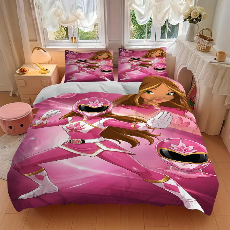 3pcs Pink Ranger Power Suit Bedding Set, Includes One Quilt Cover and Two Pillowcases, Bedroom and Guest Room Decoration. T72301115