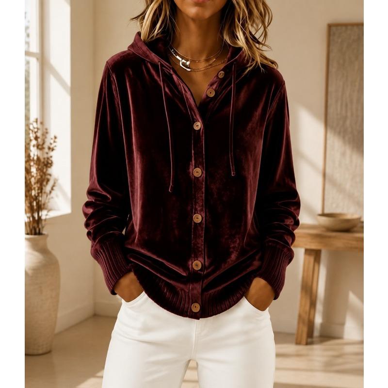 Velvet Hooded Button Cardigan Coat Solid Color Long Sleeve