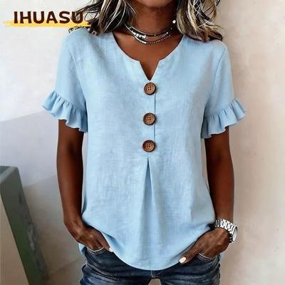 Blusas y camisas de manga corta con cuello en V y estampado de color sólido informal a la moda para mujer