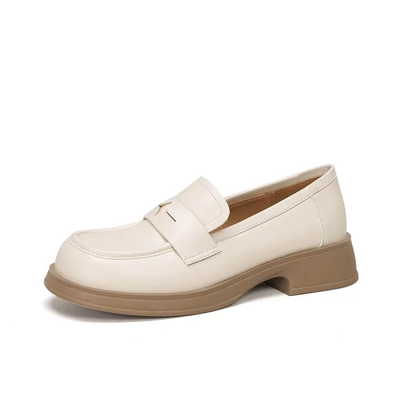 

Женские кожаные туфли в британском стиле 2025 Новые весенне-осенние однотонные слипоны на низком каблуке лоферы женская повседневная обувь 34 абрикосовый