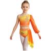 Children‘s Sparkle Gradient Rhinestone Dancewear One Shoulder Long Puff Sleeve Top with Applique Asymmetrical Draped Skirt for Recital Performance