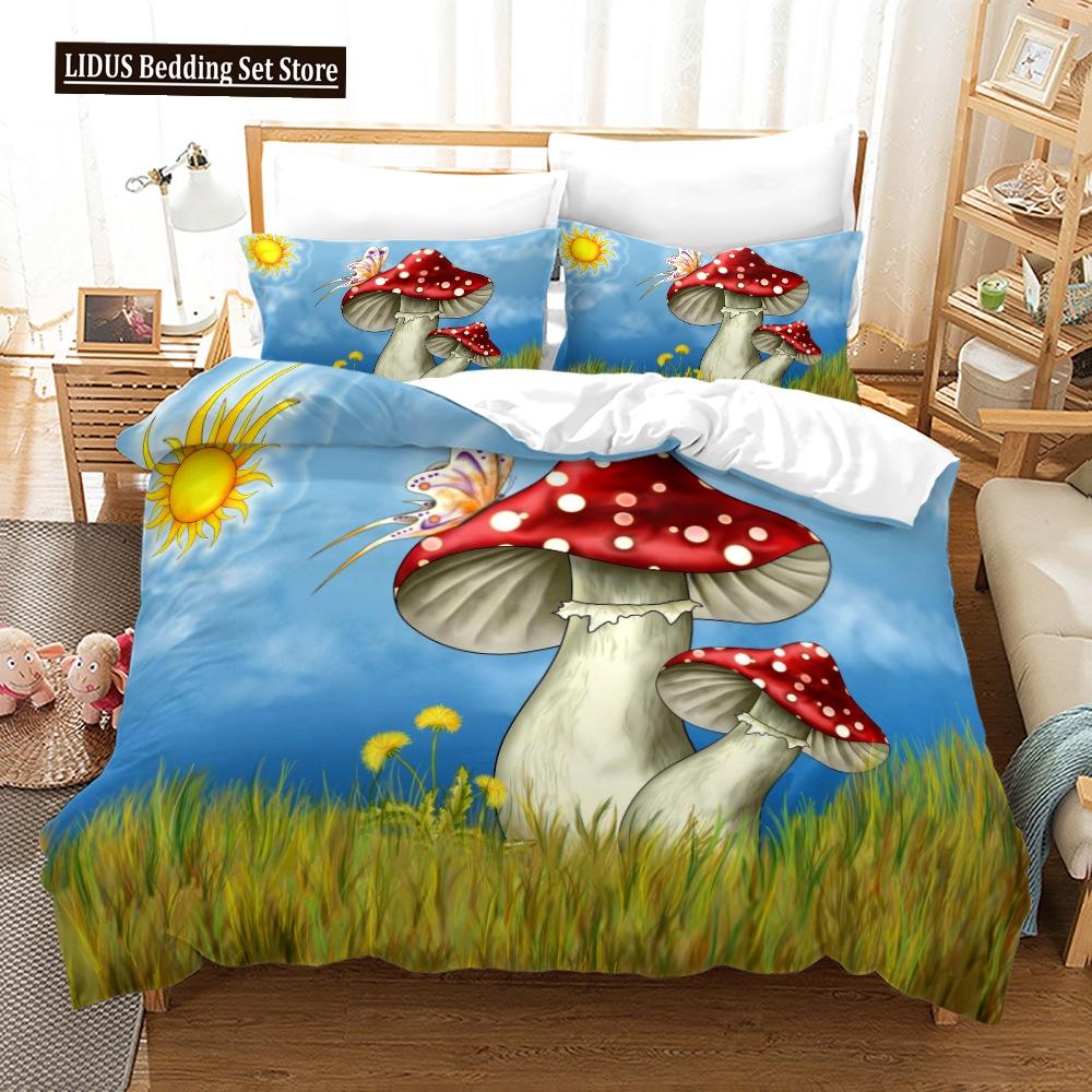 Mushroom Duvet Cover Set King Queen Size Star Purple Blue Trippy Mushroom Pattern Cartoon Polyester Bedding Set For Kid Boy Girl