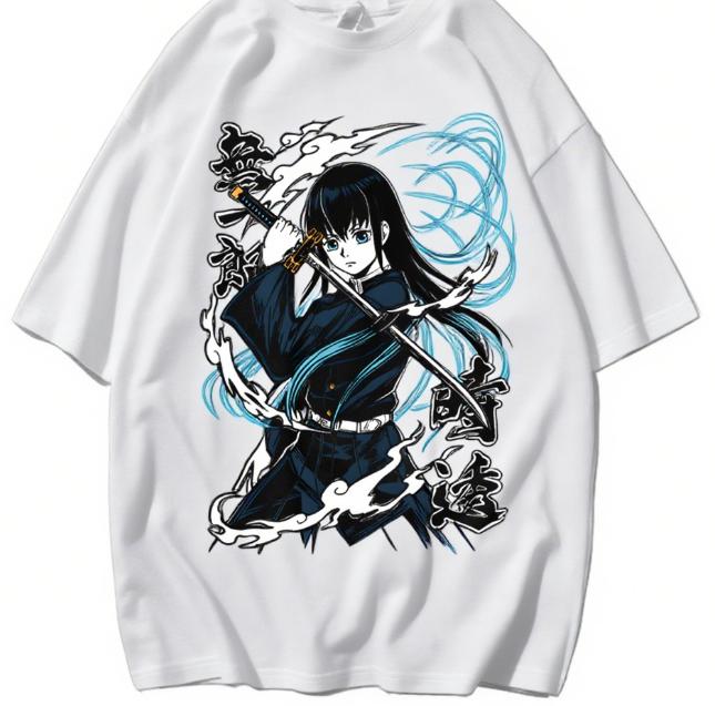 Trend Summer 2025 Cosplay Neutral Black and White Muichiro Tokito T-shirt Kimetsu Yaiba Demon Slayer Anime Black Shirt Soft Tee