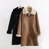 Women Elaegant Double-faced Fur Midi Coat Vintage Long Sleeve Lapel Pocket Zipper Long Winter Jacket Lady Thick Streetwear Coat