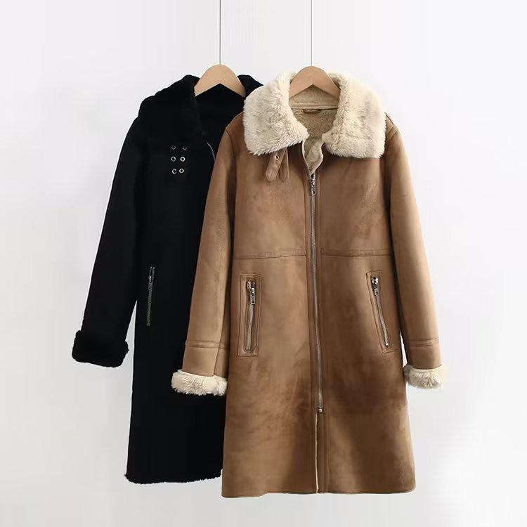 Dámské Elaegantní dvoulícní kožešinový midi kabát Vintage Dlouhý rukáv Klopa Kapsa Zip Dlouhá zimní bunda Dámský Silný Streetwear Kabát