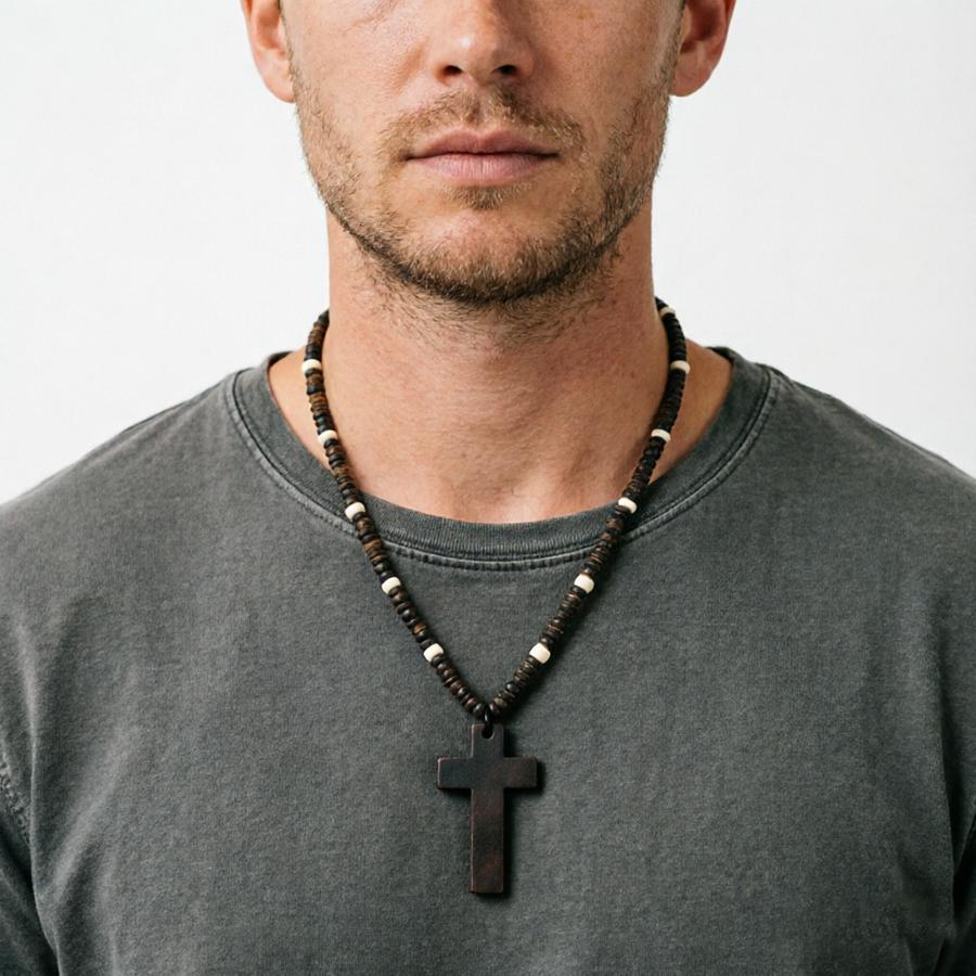 Noter Vintage Holz Kreuz Anhänger Halskette Für Männer Handgefertigt Braunes Holz Perlenkette Katholisch Christlich Religiöser Schmuck Geschenk