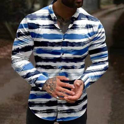 Turn-down Collar Long Sleeve Men Shirt Button Cuffs 3D Fashion Print Slim Office Shirt Male Clothing