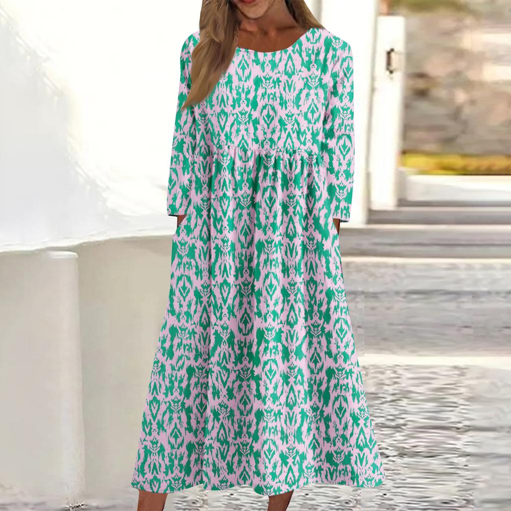 Women's Casual Round Neck Floral Print Midi Dress Long Sleeve Pocket Dress